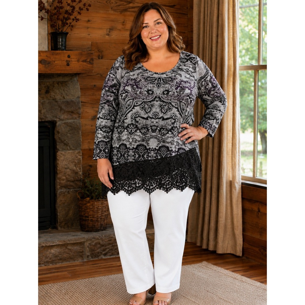 One World Womens Blue Paisley Knit Top Asymmetrical Crochet Lace Hem Large